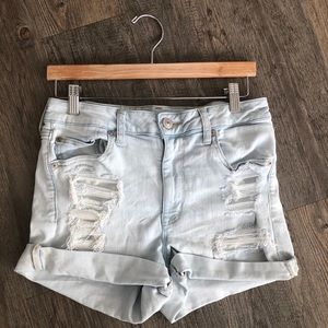 AE light wash distressed high rise jean shorts